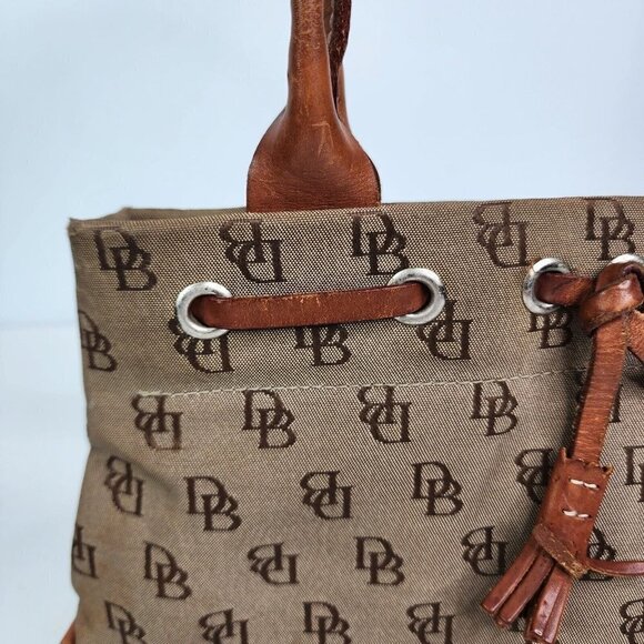 Dooney & Bourke Khaki Signature Monogram Canvas Tan Leather Tassel Tote - Picture 6 of 16